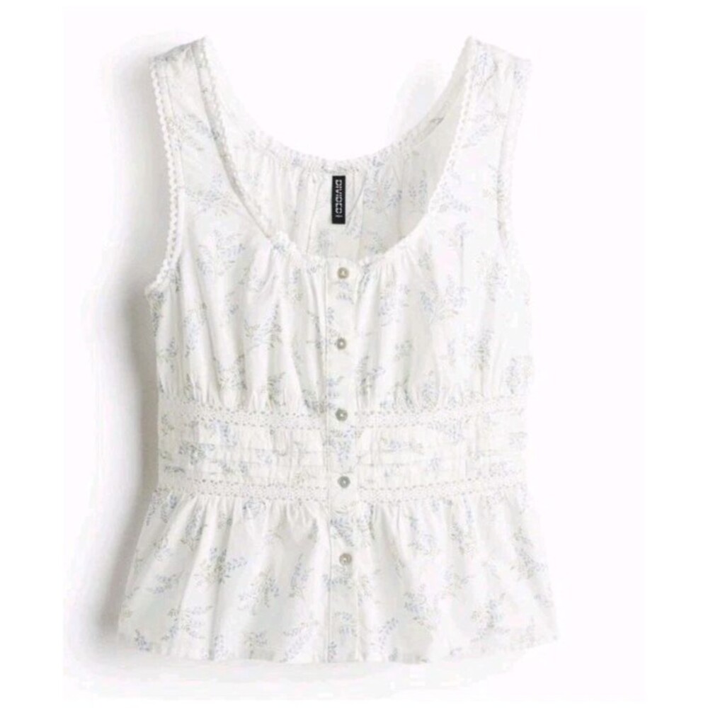 H&M Divided Floral Peplum Tank Top White Blue Button Front Smocked Vest SM  403